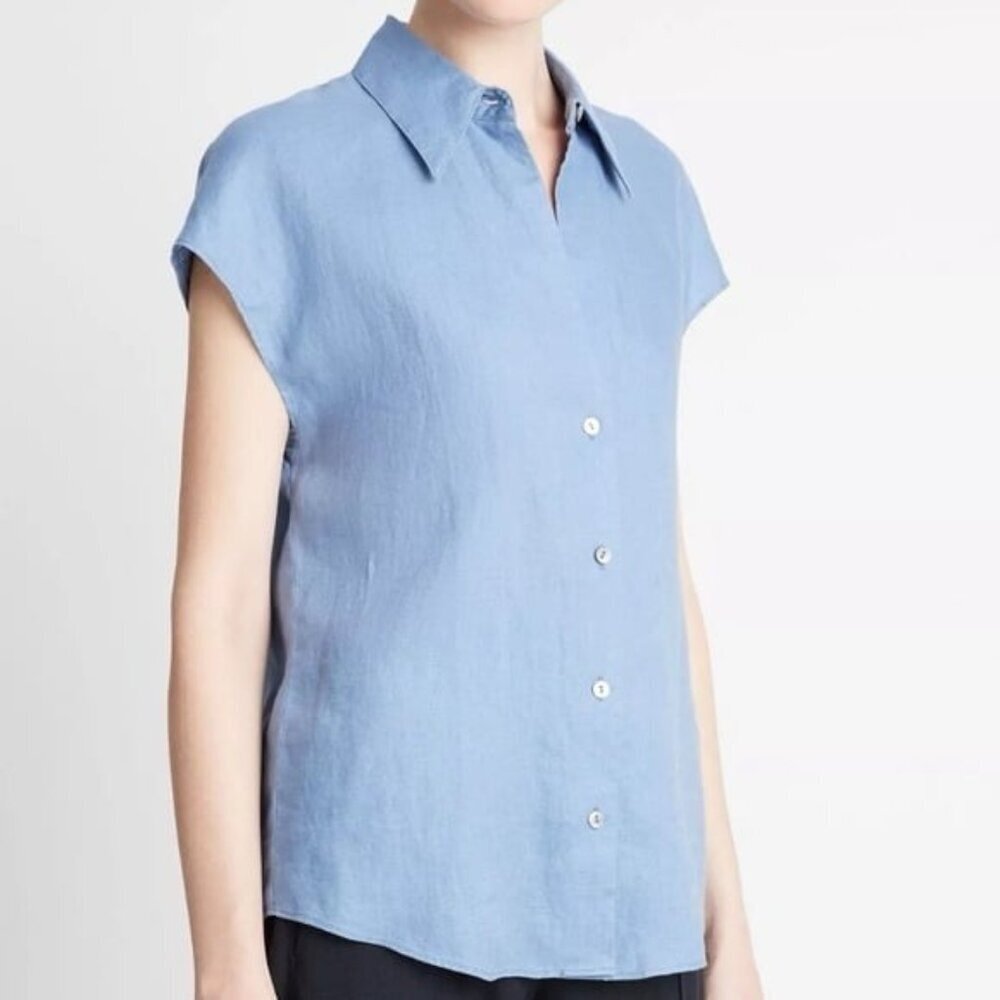 Vince Linen Cap-Sleeve Button-Front Blouse